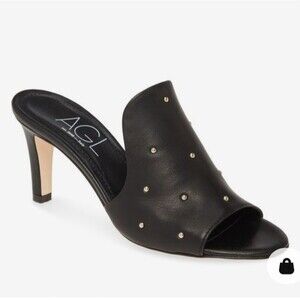 AGL Black Leather Womens Dress Slide Studded Heels Size 7/7.5 NWOB